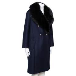 Pre Owned Roberto Cavalli Navy Blue Wool & Fur Trimmed Double Breasted Coat M