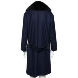 Pre Owned Roberto Cavalli Navy Blue Wool & Fur Trimmed Double Breasted Coat M