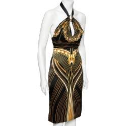 مملوكة مسبقًا فستان برقبة حمالات ميني ربوبيرتو كافاللي جيرسيه حرير مطبوع أسود مقاس وسط - ميديوم