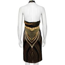 مملوكة مسبقًا فستان برقبة حمالات ميني ربوبيرتو كافاللي جيرسيه حرير مطبوع أسود مقاس وسط - ميديوم