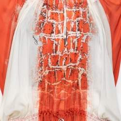 Pre Owned Roberto Cavalli Orange & White Printed Silk Drawstring Detail Kaftan Blouse S
