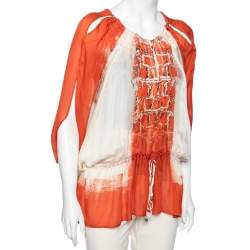Pre Owned Roberto Cavalli Orange & White Printed Silk Drawstring Detail Kaftan Blouse S