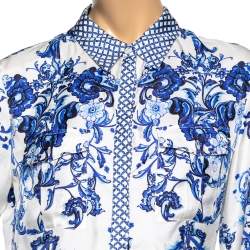 Pre Owned Roberto Cavalli White & Blue Floral Print Long Sleeve Shirt L