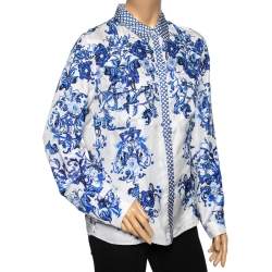 Pre Owned Roberto Cavalli White & Blue Floral Print Long Sleeve Shirt L