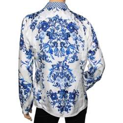 Pre Owned Roberto Cavalli White & Blue Floral Print Long Sleeve Shirt L