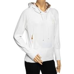 Pre Owned Roberto Cavalli White Velvet Hooded Sweatshirt M