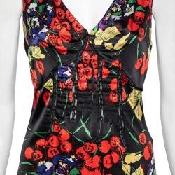 مملوكة مسبقًا Roberto Cavalli Black Floral Printed Silk Lace Panel Dress M