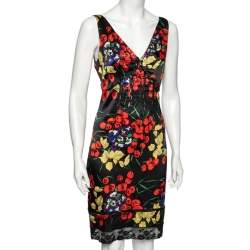 مملوكة مسبقًا Roberto Cavalli Black Floral Printed Silk Lace Panel Dress M