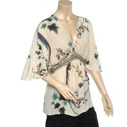 Pre Owned Roberto Cavalli Cream Printed Silk Embellished Kaftan Top L