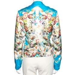 Pre Owned جاكيت روبرتو كافاللي حرير مطبوع مورد أزرق بسحاب أمامي مقاس وسط ( ميديوم )