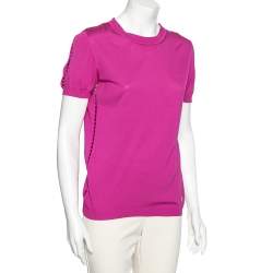 Pre Owned Roberto Cavalli Magenta Silk Knit Cut-Out Pattern Detailed Top M