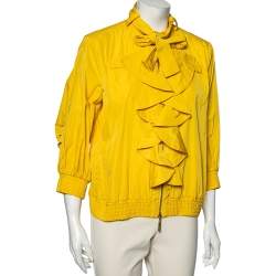 Pre Owned جاكيت روبرتو كافالي أصفر بكشكشة خامة صناعية مقاس كبير - لارج