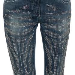 Pre Owned بنطلون جينز روبرتو كافالي دينم أزرق مزخرف مرصع قصة مجسمة مقاس متوسط (ميديوم)