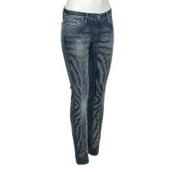 Pre Owned بنطلون جينز روبرتو كافالي دينم أزرق مزخرف مرصع قصة مجسمة مقاس متوسط (ميديوم)