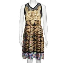 Pre Owned Roberto Cavalli Multicolor Printed Silk & Lace Sleeveless Pleated Mini Dress M