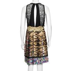Pre Owned Roberto Cavalli Multicolor Printed Silk & Lace Sleeveless Pleated Mini Dress M