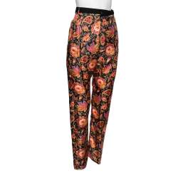 Pre Owned Roberto Cavalli Black Floral Printed Silk Trousers M