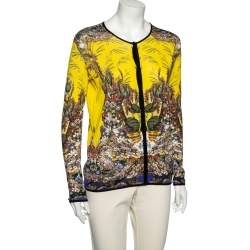 Pre Owned كارديغان روبرتو كافالي تريكو حرير مطبوع أصفر أزرار أمامية مقاس متوسط (ميديوم)