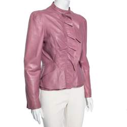 Pre Owned Roberto Cavalli Pink Leather Woven Trims Long Sleeve Jacket M