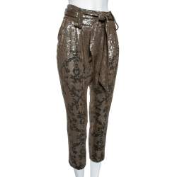 Pre Owned Roberto Cavalli Olive Green Printed Sequin Embellished Silk Pants M
