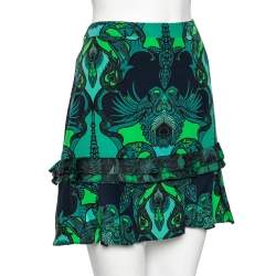 مملوكة مسبقًا Roberto Cavalli Blue & Green Animal Print Ruffled Mini Skirt M