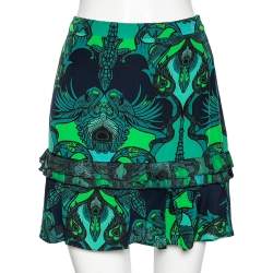 مملوكة مسبقًا Roberto Cavalli Blue & Green Animal Print Ruffled Mini Skirt M