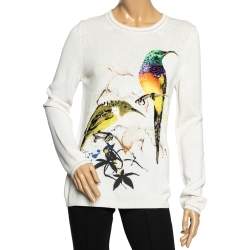 Roberto Cavalli Cream Knit Sequin Embellished Bird Printed Sweater M