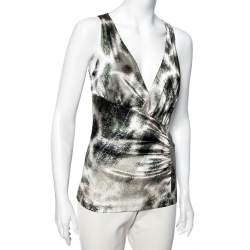 Pre Owned بلوزة روبرتو كافالي ساتان أخضر مطبوع بلا أكمام مقاس متوسط - ميديوم