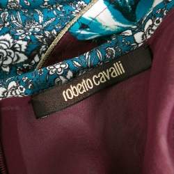 Pre Owned Roberto Cavalli Burgundy Floral Printed Jersey Flared V Neck Dress M