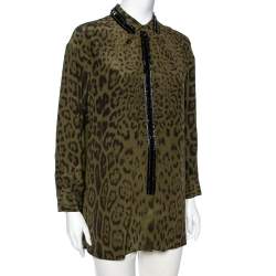 Pre Owned Roberto Cavalli Green Animal Printed Silk Embellished Shirt M