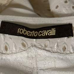 Pre Owned Roberto Cavalli White Perforated Knit & Embroidered Cotton Hook Front Shrug M