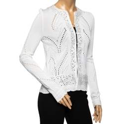 Pre Owned Roberto Cavalli White Perforated Knit & Embroidered Cotton Hook Front Shrug M