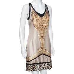 Pre Owned Roberto Cavalli Beige Printed Silk Pleated Hem Sleeveless Dress M