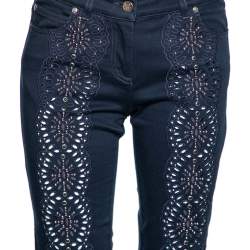 Pre Owned بنطلون روبيرتو كافاللي أزرق داكن مزين قصات وخرز بأرجل مستقيمة مقاس وسط ( ميديوم )