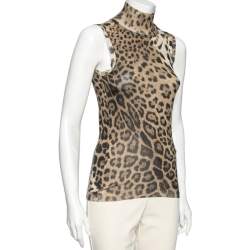Pre Owned توب روبرتو كافالي حرير بنقشة الفهد بني بلا أكمام وبياقة مستديرة مقاس صغير - سمول