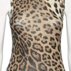 Pre Owned توب روبرتو كافالي حرير بنقشة الفهد بني بلا أكمام وبياقة مستديرة مقاس صغير - سمول