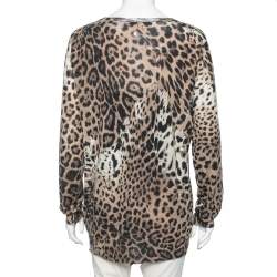 Pre Owned Roberto Cavalli Brown Leopard Printed Silk Button Front Sweater M