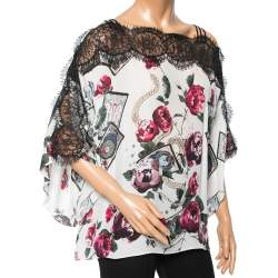Pre Owned Roberto Cavalli White Floral Printed Silk Lace Trim Blouse M