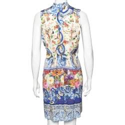 Pre Owned فستان روبرتو كافالي قماش مطبوع متعدد الألوان مزين بفيونكة أمامية وبلا أكمام مقاس متوسط - ميديوم