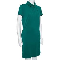 Roberto Cavalli Green Wool Pleated Front Turtleneck Belted Dress M