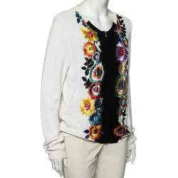Pre Owned Roberto Cavalli White and Black Knit Straw and Sequin Embroidered Cardigan L