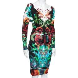 Pre Owned Roberto Cavalli Multicolor Printed Jersey Belted Midi Dress M