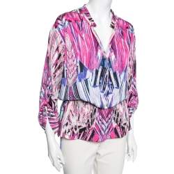 Pre Owned بلوزة روبرتو كافالي حرير مرن بطبعة وردي مزينة برباط مقاس متوسط - ميديوم