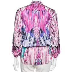 Pre Owned بلوزة روبرتو كافالي حرير مرن بطبعة وردي مزينة برباط مقاس متوسط - ميديوم