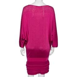Pre Owned Roberto Cavalli Fuchsia Patterned Wool Knit Draped Mini Dress M 