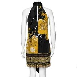 مملوكة مسبقًا Roberto Cavalli Black & Yellow Printed Silk & Satin Trimmed Embellished Dress M