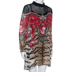 Pre Owned Roberto Cavalli Brown Animal and Floral Printed Silk Blouse M