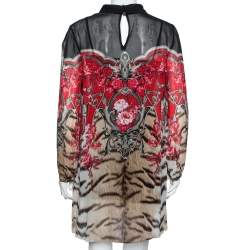 Pre Owned Roberto Cavalli Brown Animal and Floral Printed Silk Blouse M