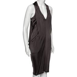Pre Owned Roberto Cavalli Grey Jersey Gathered Plunging Neck Dress M