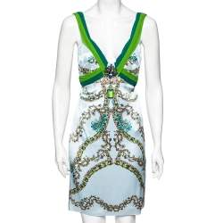 Pre Owned Roberto Cavalli Blue Jewel Printed and Embellished Plunging Neck Sleeveless Midi Dress M